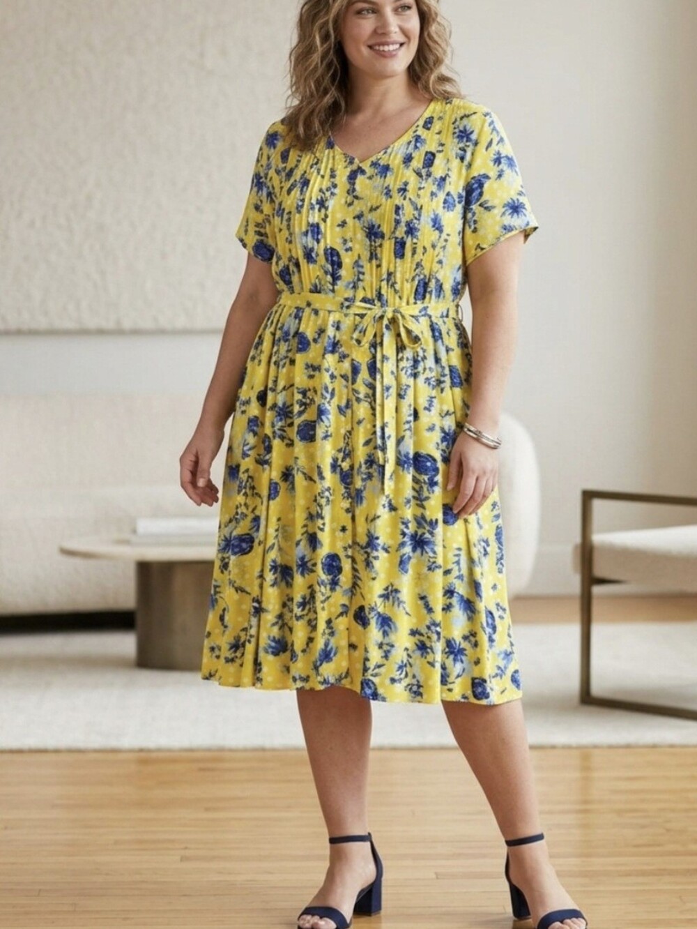Woman Within Floral Pintuck Casual Midi Dress Yellow Plus Size 26W 3X / 4X